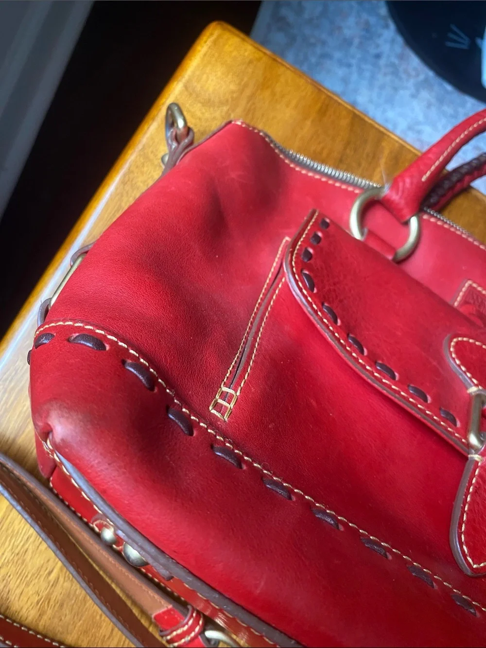 Dooney & Bourke Florentine Janine Red Leather Satchel Whip Stitching Top Handles